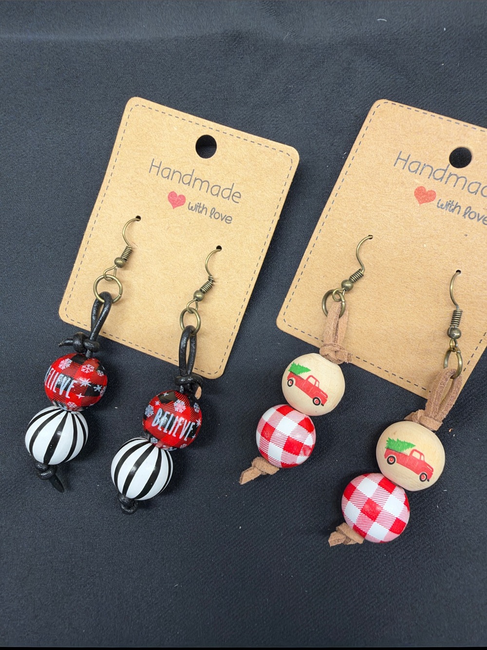Handmade Kids Holiday Bead Dangle Earrings - Red Plaid & Black Stripe